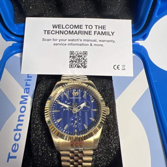 New Unisex TechnoMarine Gold-Tone Chronograph Watch with Blue Dial